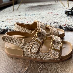 Beige Woven Sandals with Gold Buckles dolce vita